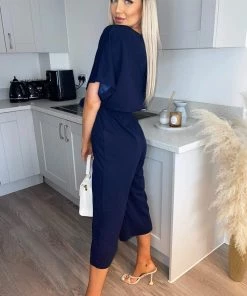 AX Paris Jumpsuits And Playsuits Navy Tie Waist Short Sleeve Culotte Jumpsuit