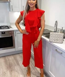 AX Paris Red Frill Front Belted Jumpsuit