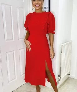 AX Paris Red Ruffle Split Leg Midi Dress