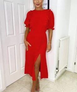 AX Paris Red Ruffle Split Leg Midi Dress