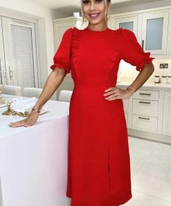 AX Paris Red Ruffle Split Leg Midi Dress