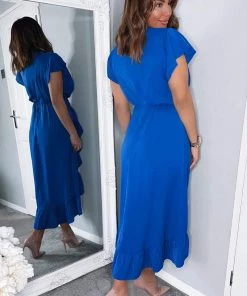AX Paris Blue Wrap Over Frill Hem Short Sleeve Midi Dress