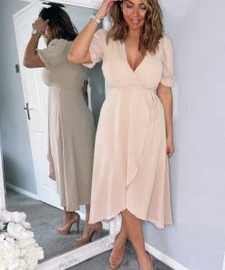 AX Paris Dresses Nude Wrap Side Tie Midi Dress 8 AX Paris Dresses Nude Wrap Side Tie Midi Dress
