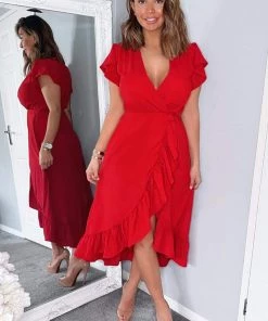 AX Paris Dresses Red Wrap Over Frill Hem Short Sleeve Midi Dress