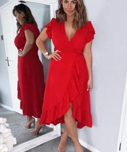 AX Paris Dresses Red Wrap Over Frill Hem Short Sleeve Midi Dress