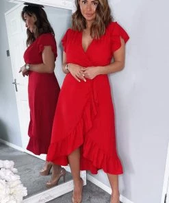 AX Paris Dresses Red Wrap Over Frill Hem Short Sleeve Midi Dress