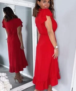 AX Paris Dresses Red Wrap Over Frill Hem Short Sleeve Midi Dress