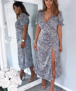 AX Paris Navy White And Pink Printed Ruched Side Midi Dress Dresses