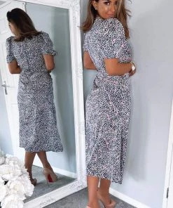 AX Paris Navy White And Pink Printed Ruched Side Midi Dress Dresses