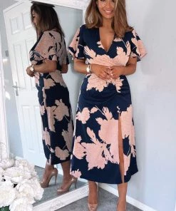 AX Paris Navy And Blush Floral Print Bell Sleeve Midi Dress Dresses