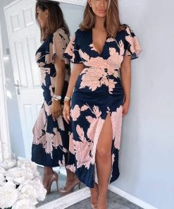 AX Paris Navy And Blush Floral Print Bell Sleeve Midi Dress Dresses