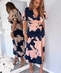 AX Paris Navy And Blush Floral Print Bell Sleeve Midi Dress Dresses