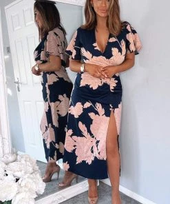 AX Paris Navy And Blush Floral Print Bell Sleeve Midi Dress Dresses