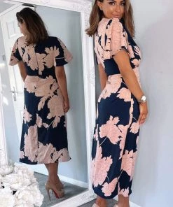 AX Paris Navy And Blush Floral Print Bell Sleeve Midi Dress Dresses