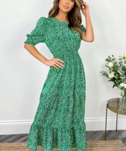 AX Paris Green And White Printed Shirred Waist Smock Dress