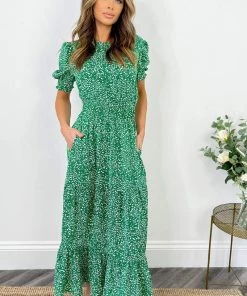 AX Paris Green And White Printed Shirred Waist Smock Dress