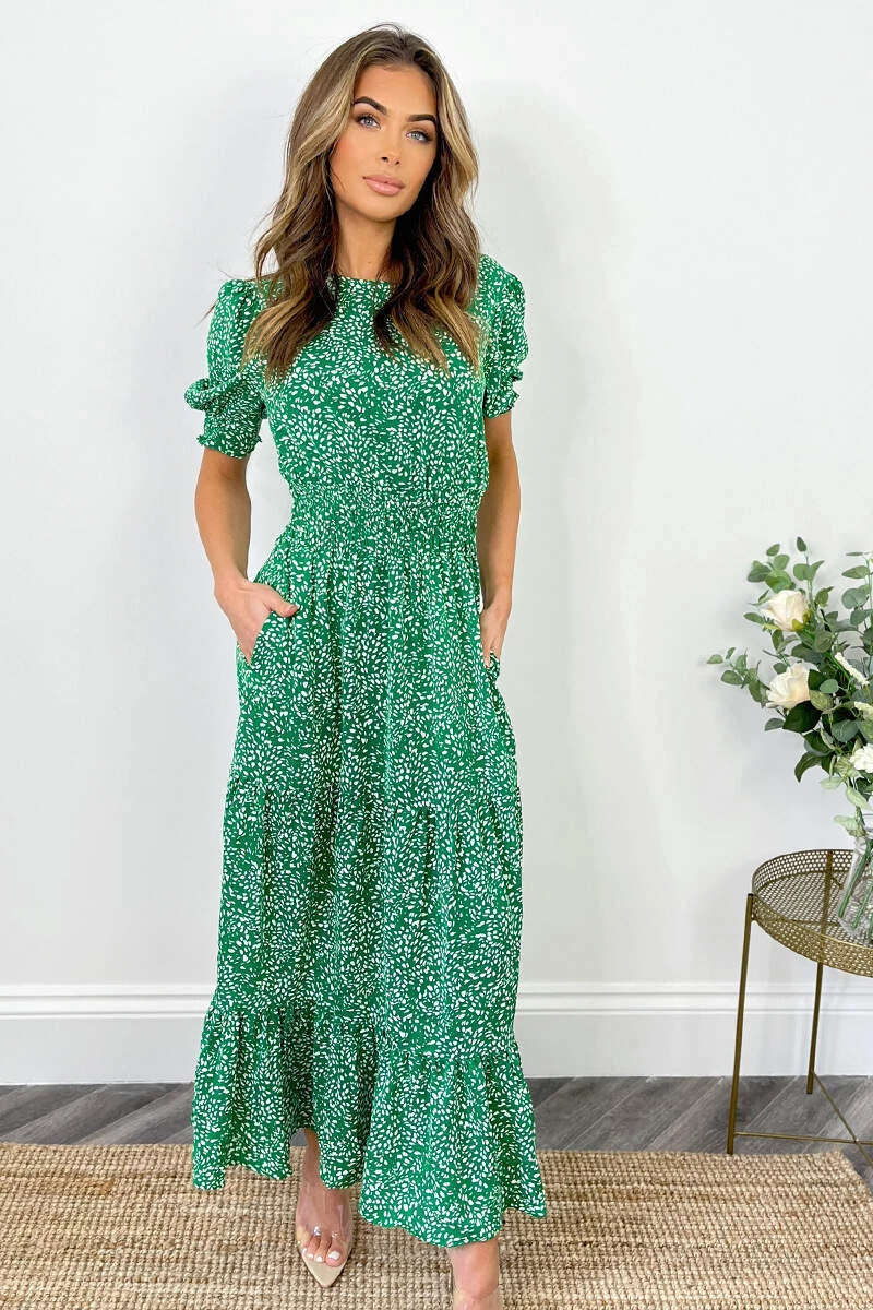 AX Paris Green And White Printed Shirred Waist Smock Dress 2 AX Paris Green And White Printed Shirred Waist Smock Dress