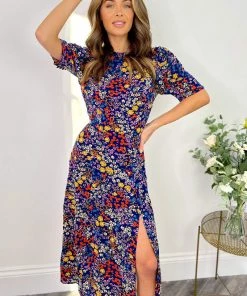 AX Paris Dresses Blue Floral Pleated Sleeve Split Leg Midi Dress