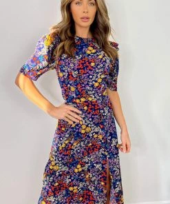 AX Paris Dresses Blue Floral Pleated Sleeve Split Leg Midi Dress