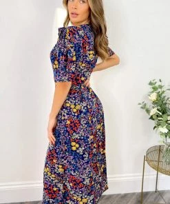 AX Paris Dresses Blue Floral Pleated Sleeve Split Leg Midi Dress