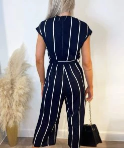 AX Paris Jumpsuits And Playsuits Navy And White Striped Short Sleeve Jumpsuit