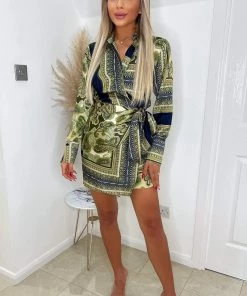 AX Paris Dresses Khaki Scarf Print Tie Detail Shirt Dress