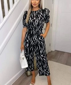 AX Paris Black And White Printed Short Sleeve Jumpsuit