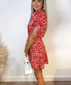 AX Paris Dresses Red Floral Puff Sleeve Wrap Over Mini Dress