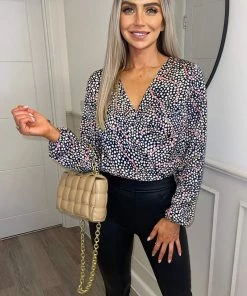 AX Paris Navy White And Pink Printed Wrap Bodysuit