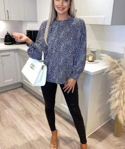 AX Paris Tops Navy And White Printed Balloon Sleeve Top