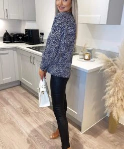 AX Paris Tops Navy And White Printed Balloon Sleeve Top