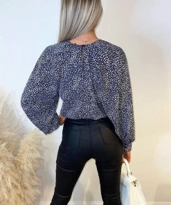 AX Paris Tops Navy And White Printed Balloon Sleeve Top