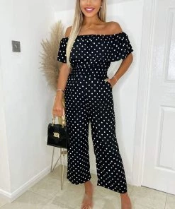 AX Paris Jumpsuits And Playsuits Black And White Polka Dot Bardot Jumpsuit