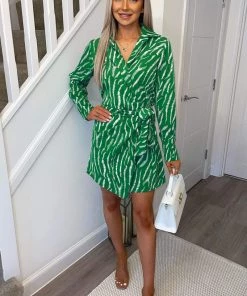 AX Paris Green And White Animal Print Wrap Mini Dress Dresses