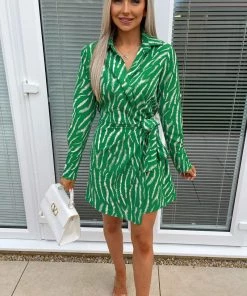 AX Paris Green And White Animal Print Wrap Mini Dress Dresses