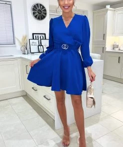 AX Paris Blue Wrap Over Belted Skater Dress