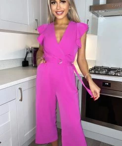 AX Paris Jumpsuits And Playsuits Cerise Wrap Front Belted Jumpsuit