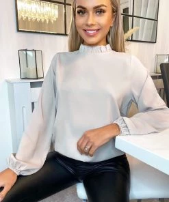 AX Paris Stone Ruffle High Neck Long Sleeve Top