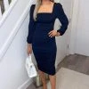 AX Paris Navy Square Neck Ruched Long Sleeve Midi Dress