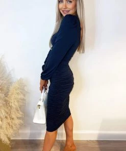 AX Paris Navy Square Neck Ruched Long Sleeve Midi Dress