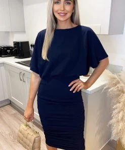 AX Paris Navy Short Sleeve Side Ruched Midi Dress