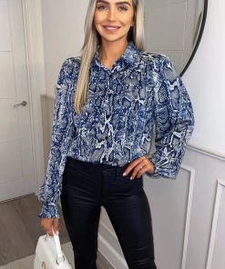 AX Paris Blue Snake Print Button Up Shirt