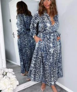 AX Paris Dresses Navy Snake Print Tie Waist Midi Shirt Dress
