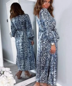 AX Paris Dresses Navy Snake Print Tie Waist Midi Shirt Dress
