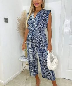 AX Paris Blue Snake Print Culotte Jumpsuit