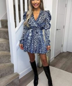 AX Paris Blue Snake Print Long Puff Sleeve Mini Dress