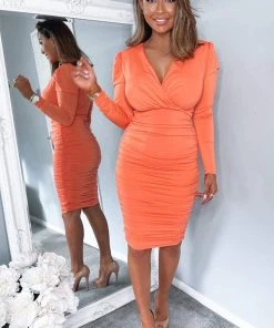 AX Paris Peach Ruched Long Sleeve Cross Front Midi Dress