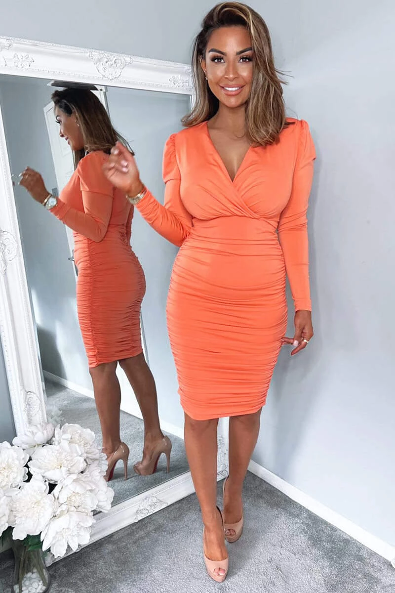 AX Paris Peach Ruched Long Sleeve Cross Front Midi Dress 2 AX Paris Peach Ruched Long Sleeve Cross Front Midi Dress