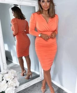AX Paris Peach Ruched Long Sleeve Cross Front Midi Dress 7 AX Paris Peach Ruched Long Sleeve Cross Front Midi Dress