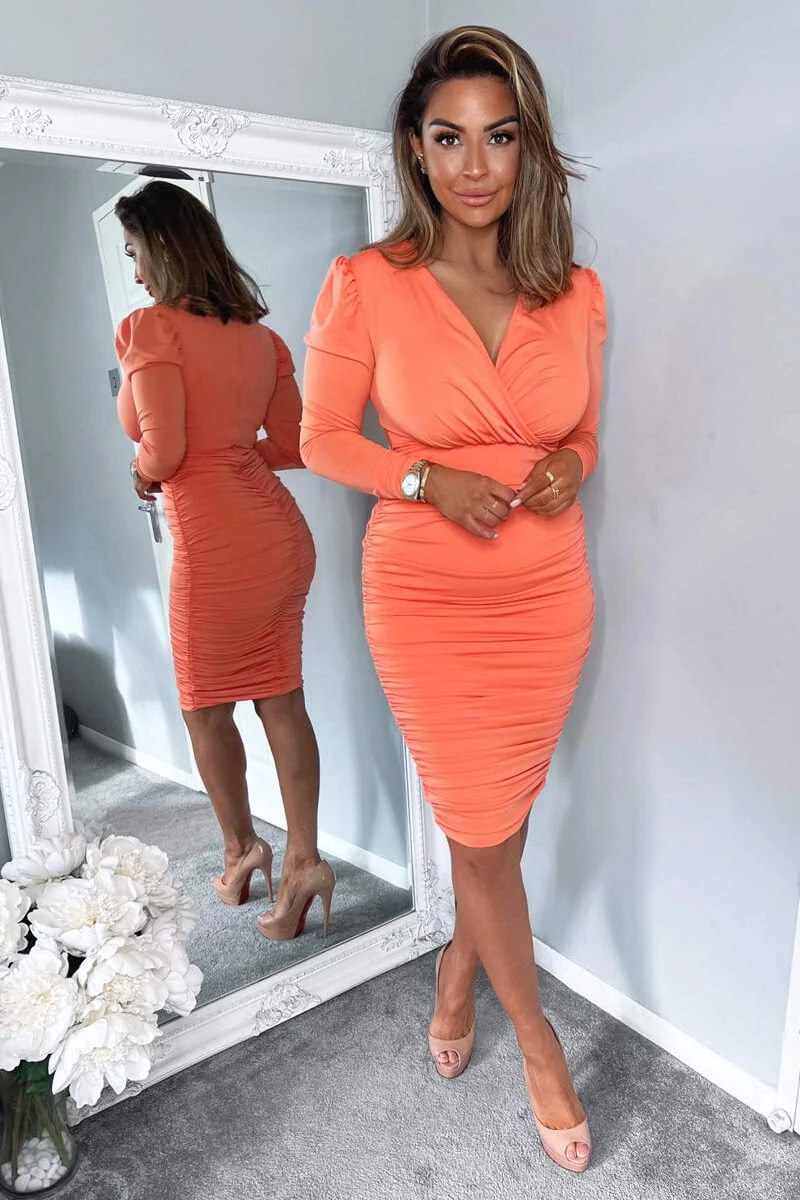 AX Paris Peach Ruched Long Sleeve Cross Front Midi Dress 3 AX Paris Peach Ruched Long Sleeve Cross Front Midi Dress